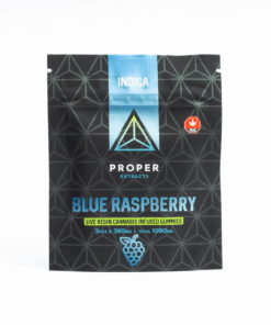 Experience bold flavor and powerful full-spectrum effects with Proper Extracts Blue Raspberry Indica Gummies. Each pack contains 3 live resin-infused gummies at 360mg THC each, crafted with natural fruit flavors and divided into sections for easy dosing. Rich in cannabinoids and terpenes, these gummies deliver a potent, tailored cannabis experience with the tangy sweetness of blue raspberry leading the way.