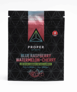Explore all three flavors in one with Proper Extracts Indica Pack Gummies. Each pack includes 3 gummies at 360mg THC each, infused with live resin and natural fruit flavors-Blue Raspberry, Cherry, and Watermelon.