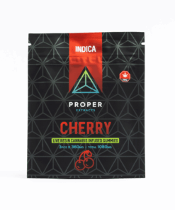 Savor the sweet, juicy taste of Proper Extracts Cherry Indica Gummies-a potent, full-spectrum edible made with premium live resin. Each pack contains 3 gummies at 360mg THC each, divided into sections for easy dosing.