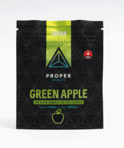 Proper Extracts Green Apple Sativa Gummies deliver a bold, fruity kick with uplifting sativa energy. Each pack contains 3 x 360mg gummies (1080mg total) infused with live resin for full-spectrum effects.