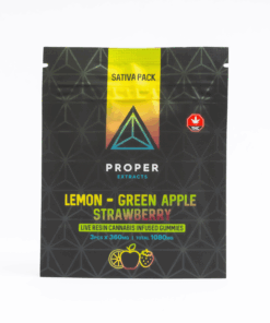 Proper Extracts Sativa Pack Gummies deliver a trio of bold fruit flavors - Green Apple, Lemon, and Strawberry - infused with 1080mg of THC per pack. Crafted with premium live resin for full-spectrum benefits, each 360mg gummy is easily divisible for flexible dosing.