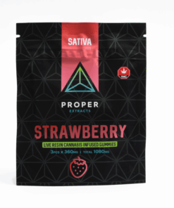 Proper Extracts Strawberry Sativa Gummies deliver a juicy burst of sweetness paired with uplifting sativa effects. Each pack contains 3 gummies at 360mg each, totaling 1080mg THC, crafted with premium live resin for full-spectrum benefits.